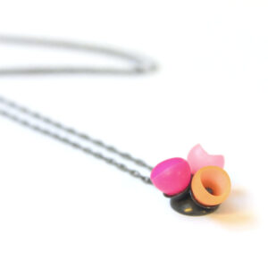 Plume 3 cup pendant, jenny llewellyn, silicone jewellery, oxidised silver, pink orange
