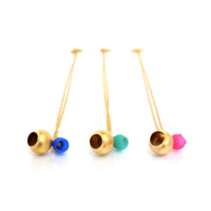 Plume, 2 cup pendant, jenny llewellyn, silicone jewellery, gold plate, pink, blue, turquoise