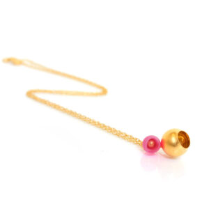 Plume, 2 cup pendant, jenny llewellyn, silicone jewellery, gold plate, pink