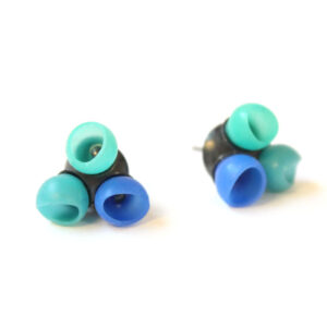 Plume 3 cup studs, jenny llewellyn, silicone jewellery, oxidised silver, blue green fade
