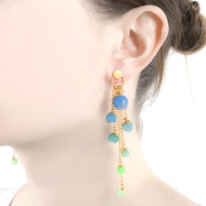 Plume cascade earrings, jenny llewellyn, silicone jewellery, gold, blue green fade