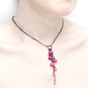 Plume cascade pendant, jenny llewellyn, silicone jewellery, oxidised silver, pink orange