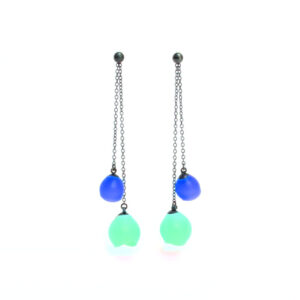 Plume double chain drop earrings, jenny llewellyn, silicone jewellery, oxidised silver, blue green