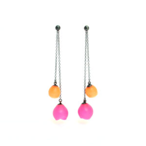 Plume double chain drop earrings, jenny llewellyn, silicone jewellery, oxidised silver, pink orange