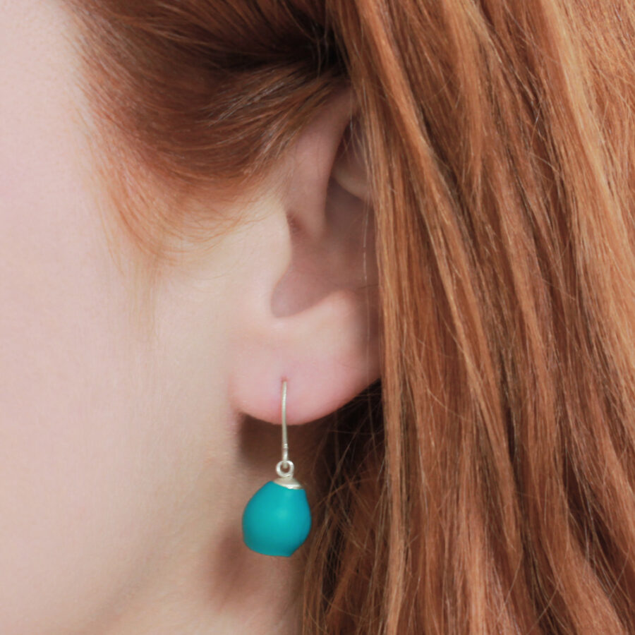 Sea Green drop earrings silver on model by Jenny Llewellyn