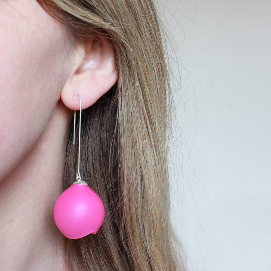 25mm supersize long drop earrings pink silicone by Jenny Llewellyn